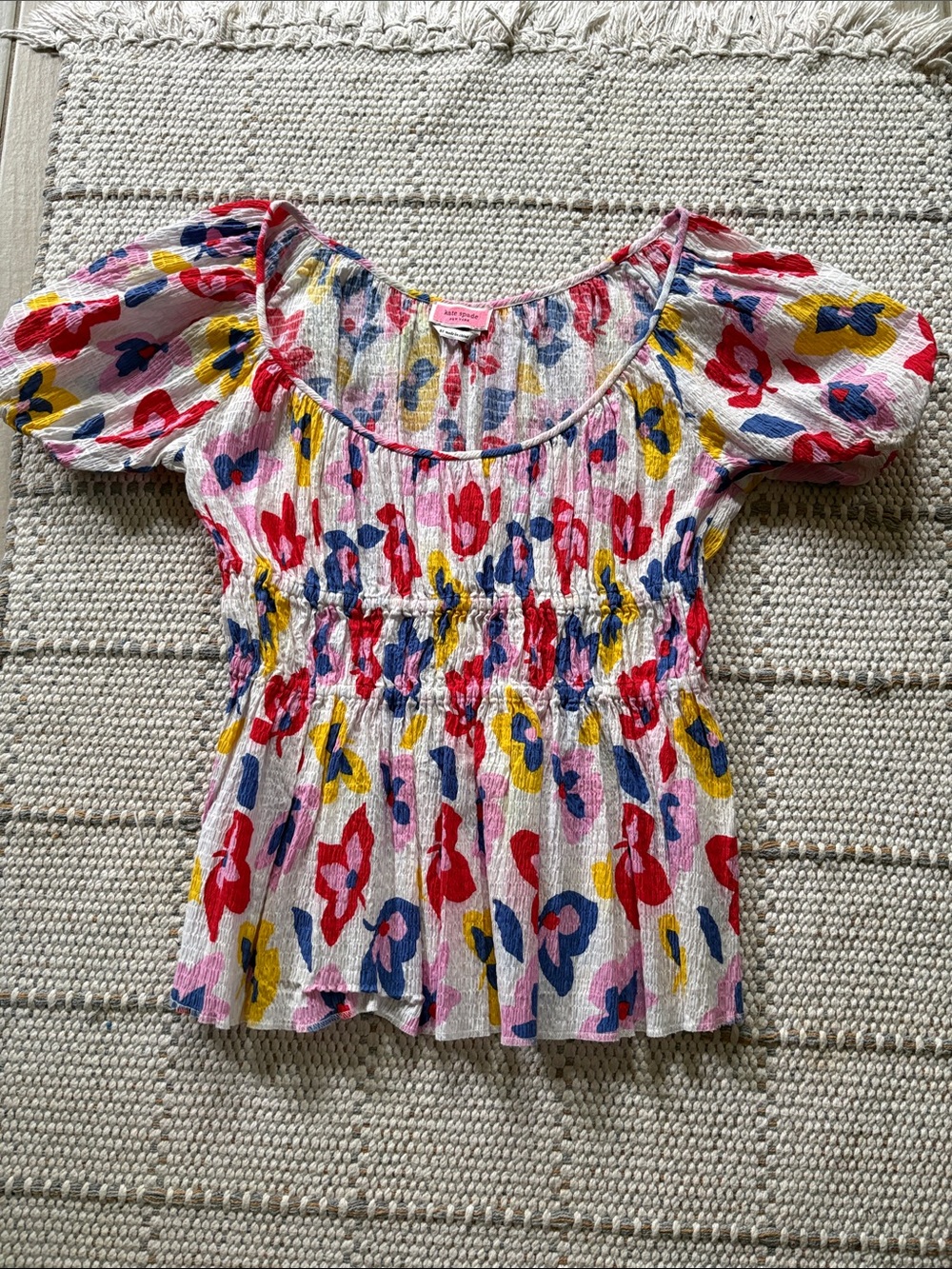 kate spade Floral Puff-Sleeve Smocked Top - Red, Blue, Yellow, Pink